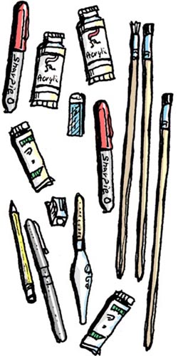 Ink drawing of stuff used when you paint, brushes and the like.